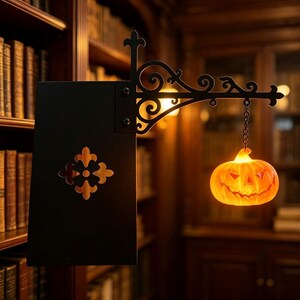 May include: A black metal wall-mounted sign bracket featuring an ornate scrollwork design and a central fleur-de-lis cutout. A small, glowing orange jack-o'-lantern with a carved face hangs from the bracket by a short metal chain.