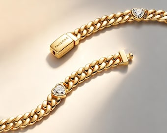 Herzförmiges kubanisches Gliederarmband, 925er Sterlingsilber, Pandora-kompatibel, Geschenk für Frauen, Mädchen, Schwester, Tochter, Liebe