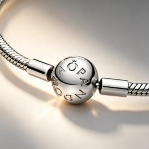 May include: A silver snake chain bracelet featuring a spherical clasp. The clasp is engraved with the word PANDORA and a crown symbol above the letter O. The bracelet has a polished metallic finish and a flexible, segmented design.