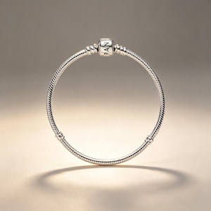 Könnte beinhalten: Ein silberfarbenes Schlangenkettarmband mit einem runden Verschluss, der mit den Buchstaben PAN graviert ist. Das Armband hat ein flexibles, strukturiertes Metalldesign mit zwei zusätzlichen festen Stationen entlang des Bandes.