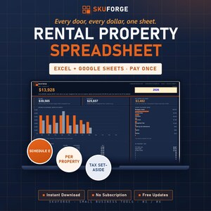 May include: A digital rental property spreadsheet displayed on a laptop screen with the text SKUFORGE, Every door, every dollar, one sheet, RENTAL PROPERTY SPREADSHEET, EXCEL + GOOGLE SHEETS, PAY ONCE, SCHEDULE E, PER PROPERTY, and TAX SET-ASIDE.