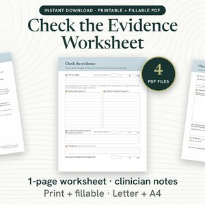 CBT Evidence Worksheet, Thought Challenging, Balanced Thinking (Fillable PDF)
