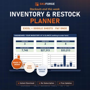 May include: A digital inventory and restock planner dashboard for Excel and Google Sheets by SKUFORGE. The interface displays metrics like units available, inventory value, and cash for orders, alongside bar charts labeled When to Order, How Much, and Days of Stock. The dark blue background features a grid pattern with orange text accents.