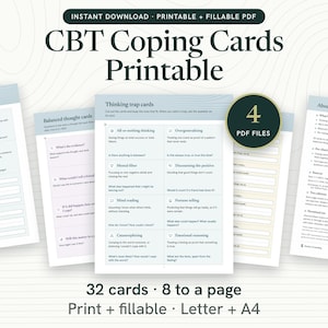 CBT Coping Cards Printable, Thinking Traps and Balanced Thought Cards (Fillable PDF)