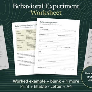 Könnte beinhalten: Ein Set von Arbeitsblättern für Verhaltensexperimente mit Titelseite, ausgefülltem Beispiel und leerer Vorlage. Die Dokumente enthalten Abschnitte für Gedanken, Vorhersagen, Experimente und Ergebnisse zum Ausdrucken oder Ausfüllen.