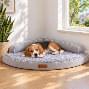 Può includere: Una cuccia angolare per animali domestici color grigio chiaro con una superficie di riposo in peluche testurizzato e uno schienale di supporto. La cuccia presenta una toppa in similpelle color cuoio sul bordo anteriore con tre impronte.