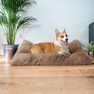 Puede incluir: Una cama para mascotas rectangular de color marrón, con bordes elevados y una textura suave y peluda. Un perro Corgi de color canela y blanco, con la lengua fuera, descansa cómodamente en el centro del cojín de felpa diseñado para mascotas.