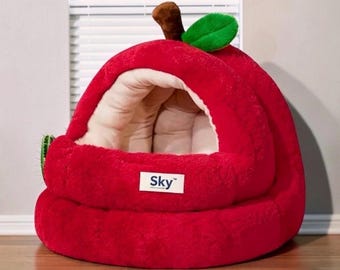Katzenbett mit individuellem Apfel-Logo, gemütliche, halbgeschlossene Katzenhöhle, warmes Plüsch-Katzenhaus, kleines Hundebett, Winter-Katzennest, Weihnachtsgeschenk für Haustiere