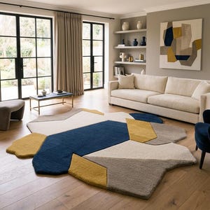Irregular Geometric Wool Rug, Mid Century Modern Area Rug, Abstract Color Block Tufted Carpet, Navy Mustard Shaped Rug, Custom Room Decor