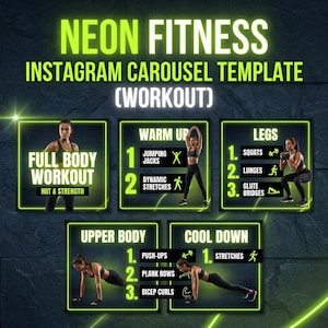 Neon Fitness Instagram Carousel Template, 7 Editable Canva Slides (Digital Download)