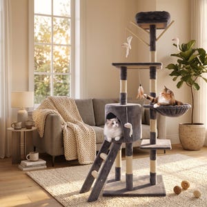 May include: A multi-level cat tree featuring dark grey plush platforms, a cylindrical hideaway, a ladder, and sisal-wrapped scratching posts. The structure includes hanging toy attachments and a circular hammock, with two cats resting on the unit.
