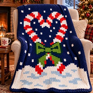 Pode incluir: Uma manta de malha grossa com fundo azul escuro e um grande design de bengalas doces em forma de coração em vermelho e branco. Um laço verde está atado na base das bengalas, posicionadas sobre um padrão de solo nevado branco e azul claro.