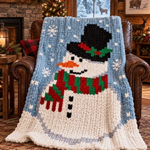 Puede incluir: Una manta de punto grueso con un diseño de muñeco de nieve sobre un fondo azul claro con copos de nieve blancos. El muñeco de nieve lleva un sombrero de copa negro con un adorno de acebo rojo y verde, una nariz de zanahoria naranja y una bufanda roja y verde.