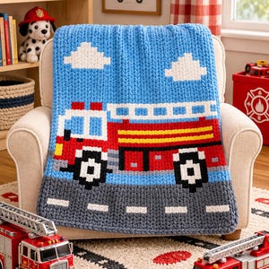 Fire truck Toddler Chunky Knit Blanket Finger Knitting and Loom Knitting Pattern, fireman