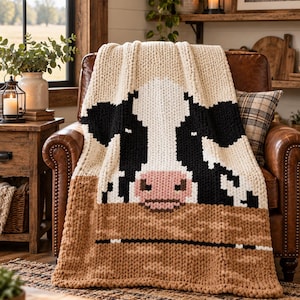 May include: A chunky knit throw blanket featuring a large cow face design. The blanket displays a white face with black patches, a pink nose, and a brown section at the bottom representing a fence. The texture is thick, soft, and yarn-based.