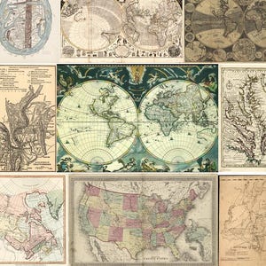 May include: A collection of eleven vintage-style maps featuring various geographical regions, including world hemispheres, the United States, New York, and Chattanooga, displayed in a grid with sepia, cream, and muted color tones.