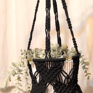 Black Macrame Plant Hanger, Fruit Basket, Gold Rings, Handwoven with Hearts