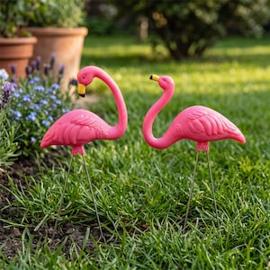 Pode incluir: Dois ornamentos de jardim em forma de flamingo rosa brilhante com detalhes de penas texturizadas e pernas de metal longas e finas. Um flamingo tem a cabeça curvada para baixo, enquanto o outro tem o pescoço arqueado para cima, ambos com bicos amarelos e pretos.
