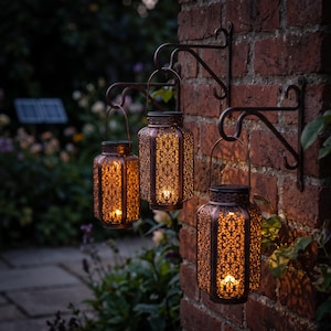 May include: Three bronze-coloured metal lanterns with intricate cut-out patterns hanging from curved wall-mounted brackets. Each lantern features a solar-powered top and emits a warm, glowing light from within, illuminating the surrounding brick wall.