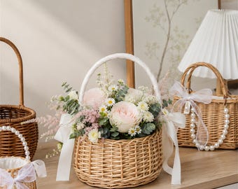 Cesta tejida para niña de las flores, cesta de mimbre con asa de perlas o lazo de cinta, cesta de pétalos para bodas, decoración floral para la mesa nupcial.