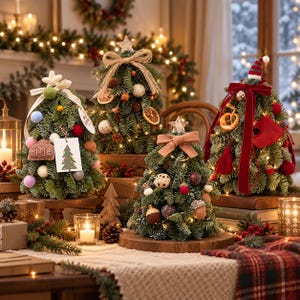 Puede incluir: Cuatro árboles de Navidad artificiales en miniatura decorados con bolas de fieltro, adornos de madera, rodajas de fruta seca y cintas. Cada árbol tiene un adorno único en la punta, incluyendo estrellas y un gorro a rayas, e iluminado con luces.