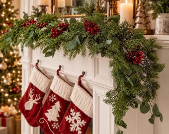May include: A Christmas mantel garland featuring green pine needles, eucalyptus leaves, and clusters of red berries. Three red stockings with white cuffs hang below, each decorated with a white embroidered reindeer, tree, or snowflake.