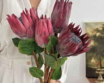 Artificial King Protea Flower Stem,Faux Tropical Bloom with Leaves for Modern Vase Decor, Wedding Centerpiece and Boho Home Styling