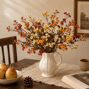 Può includere: Un vaso a brocca in ceramica bianca riempito con una densa composizione di piccoli fiori artificiali nelle tonalità crema, giallo, arancione e rosso scuro. I fiori presentano sottili steli marroni e piccole foglie verdi, formando un bouquet.