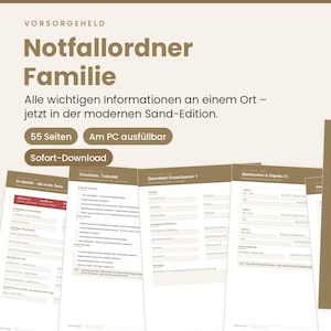 Peut inclure: Un classeur d'urgence numérique pour les familles dans un thème couleur sable. Le document comprend 55 pages, est remplissable sur ordinateur et présente des sections pour les listes de contrôle, les données personnelles et les comptes financiers.
