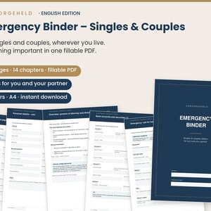 May include: A digital emergency binder in a fillable PDF format, featuring 70 pages across 14 chapters. The set includes a dark blue cover and white interior pages with fields for personal details, bank accounts, and emergency contacts for singles and couples.
