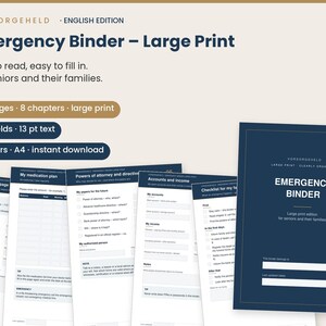 Könnte beinhalten: Ein dunkelblauer Notfallordner mit Großdruck, bestehend aus 30 Seiten in 8 Kapiteln. Das Deckblatt trägt den Titel Emergency Binder, und die Innenseiten enthalten strukturierte Abschnitte für Medikamentenpläne, Vollmachten und Finanzkonten.