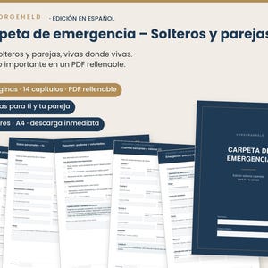 Può includere: Un modello di cartella di emergenza digitale in spagnolo, con una copertina blu scuro con testo bianco e diverse pagine interne bianche con campi compilabili per dati personali, conti bancari e contatti di emergenza.