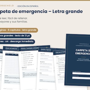 Può includere: Una cartella di emergenza in spagnolo a caratteri grandi, con una copertina blu scuro con testo bianco e diverse pagine interne con campi compilabili per piani medici, conti finanziari e dati personali.