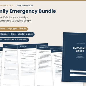 May include: A digital Family Emergency Bundle featuring three fillable PDF planners totaling 116 pages. The set includes a family binder, kids' section, and digital legacy planner in A4 size. Text includes VORSORGEHELD, EMERGENCY BINDER, and Family edition for your whole family.