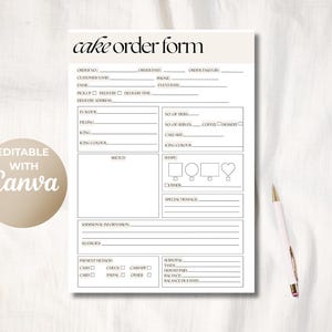 Könnte beinhalten: Ein weißes Tortenbestellformular mit schwarzem Text und Linien, das Felder für Kundendaten, Bestelldetails, Geschmack, Glasur und Zahlungsmethoden enthält. Ein kreisförmiges Abzeichen trägt die Aufschrift Editable with Canva und ein Stift liegt daneben.