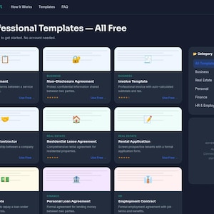 May include: A dark-themed digital interface titled DocCraft displaying 10 professional document templates. The grid layout features cards for Service Agreement, Non-Disclosure Agreement, Invoice, Independent Contractor, Lease, and others.