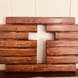 Handmade rustic / farmhouse,stained wooden cross cut out.  Christian wall hanging.
