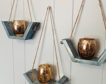 Set of three Rustic Farmhouse Wood Wall Sconces, Blue White Stained Upcycled Wood
