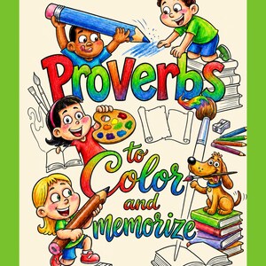 Pode incluir: Uma ilustração colorida com o texto Proverbs to Color and Memorize, rodeada por crianças desenhando com lápis grandes, uma paleta de pintura, livros e um cão pequeno segurando um pincel, tudo num estilo de desenho animado vibrante.