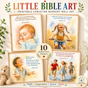 May include: Four framed watercolor-style prints featuring children and Bible verses. Top left: sleeping baby, Psalm 139:16. Top right: child on bicycle, Psalm 42:1. Bottom left: child with arms outstretched, Psalm 5:3. Bottom right: three children running, Psalm 100:1-2.