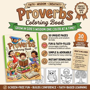 Pode incluir: Um livro de colorir de Provérbios para crianças com 30 páginas de ilustrações baseadas na fé. A capa mostra crianças lendo e desenhando. Inclui texto: Proverbs Coloring Book, Faith, Wisdom, Creativity, Grow in God's Wisdom, 30 Pages, Instant Download.