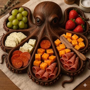 Tabla de embutidos de madera tallada a mano con forma de pulpo y tortuga marina, bandeja náutica para servir queso y fruta, regalo único para casa de playa, bandeja para comida