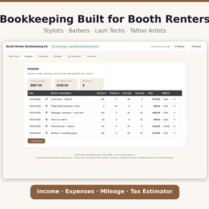 Booth Renter Bookkeeping Spreadsheet | Stylist, Barber, Lash Tech Income Tracker (Excel App)
