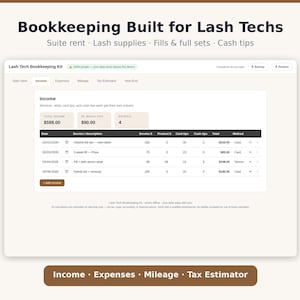 Lash Tech Bookkeeping Spreadsheet | Suite Rent, Income, Expense Tracker (Excel/App)