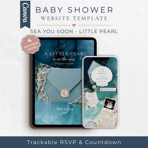 Puede incluir: Una plantilla de sitio web para baby shower con un fondo de mármol azul profundo, un sobre con temática marina, un gráfico de concha y el texto "A LITTLE PEARL is on the way" y "SEA YOU SOON - LITTLE PEARL" en pantallas de tableta y teléfono.