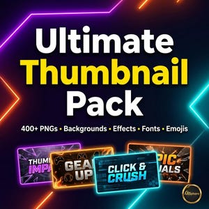 Puede incluir: Un recurso de diseño gráfico digital titulado Ultimate Thumbnail Pack que incluye más de 400 PNG, fondos, efectos, fuentes y emojis. La imagen muestra cuatro ejemplos de miniaturas rectangulares con bordes de neón y texto.