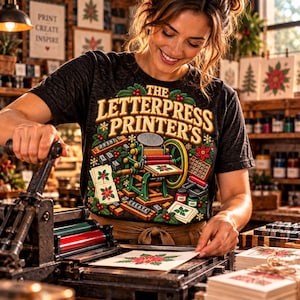 Letterpress Printer T-Shirt, Printmaking Hobby, Christmas Design (DTF Printed)