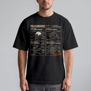 Op de afbeelding: Een zwart t-shirt met een technisch diagram getiteld FIELD ARCHIVE. De afbeelding toont vier secties met vrachtwagenonderdelen: Fifth Wheel Coupling, Air Brake Gladhand, Driveline System en Tractor Trailer Connection met tekst.