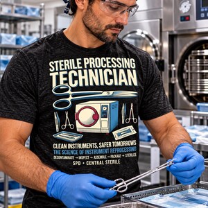 May include: A charcoal gray t-shirt featuring the text STERILE PROCESSING TECHNICIAN, an illustration of an autoclave, surgical scissors, and tweezers. The graphic includes the phrases CLEAN INSTRUMENTS, SAFER TOMORROWS, THE SCIENCE OF INSTRUMENT REPROCESSING, DECONTAMINATE, INSPECT, ASSEMBLE, PACKAGE, STERILIZE, SPD, and CENTRAL STERILE.