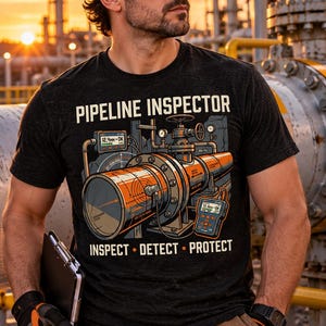 May include: A charcoal gray short-sleeve t-shirt featuring a graphic illustration of an industrial pipeline with inspection equipment. The text reads PIPELINE INSPECTOR at the top and INSPECT • DETECT • PROTECT at the bottom in a bold, sans-serif font.